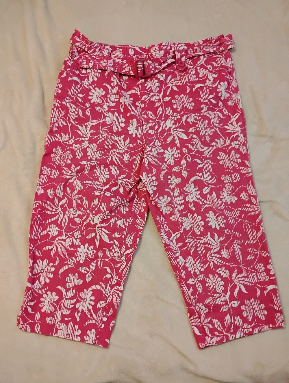 Womens 18W Stretch Capri Pants Pink Floral